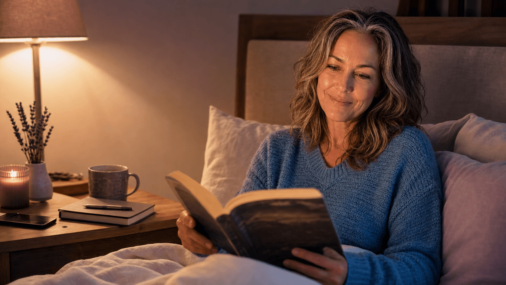 Olivia reading in bed during a calm evening wind-down routine