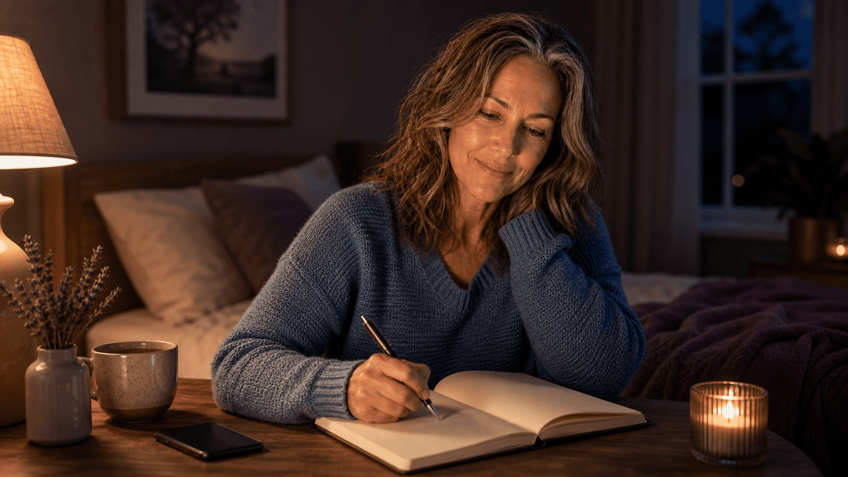 Olivia writing in an open notebook by a softly lit bedside lamp