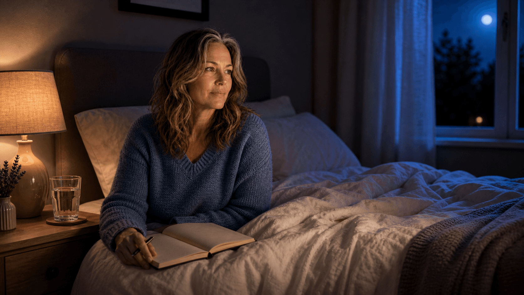 Olivia lying awake in a moody bedroom at 3 AM, soft amber lamp light, journal open beside her