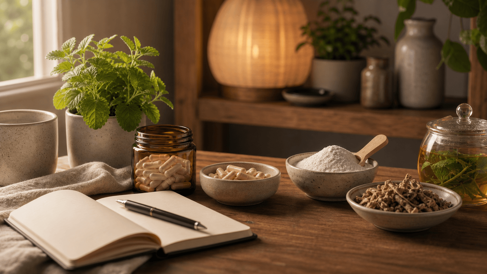 Five small jars of natural sleep aids arranged on a warm cream nightstand with a softly lit lamp