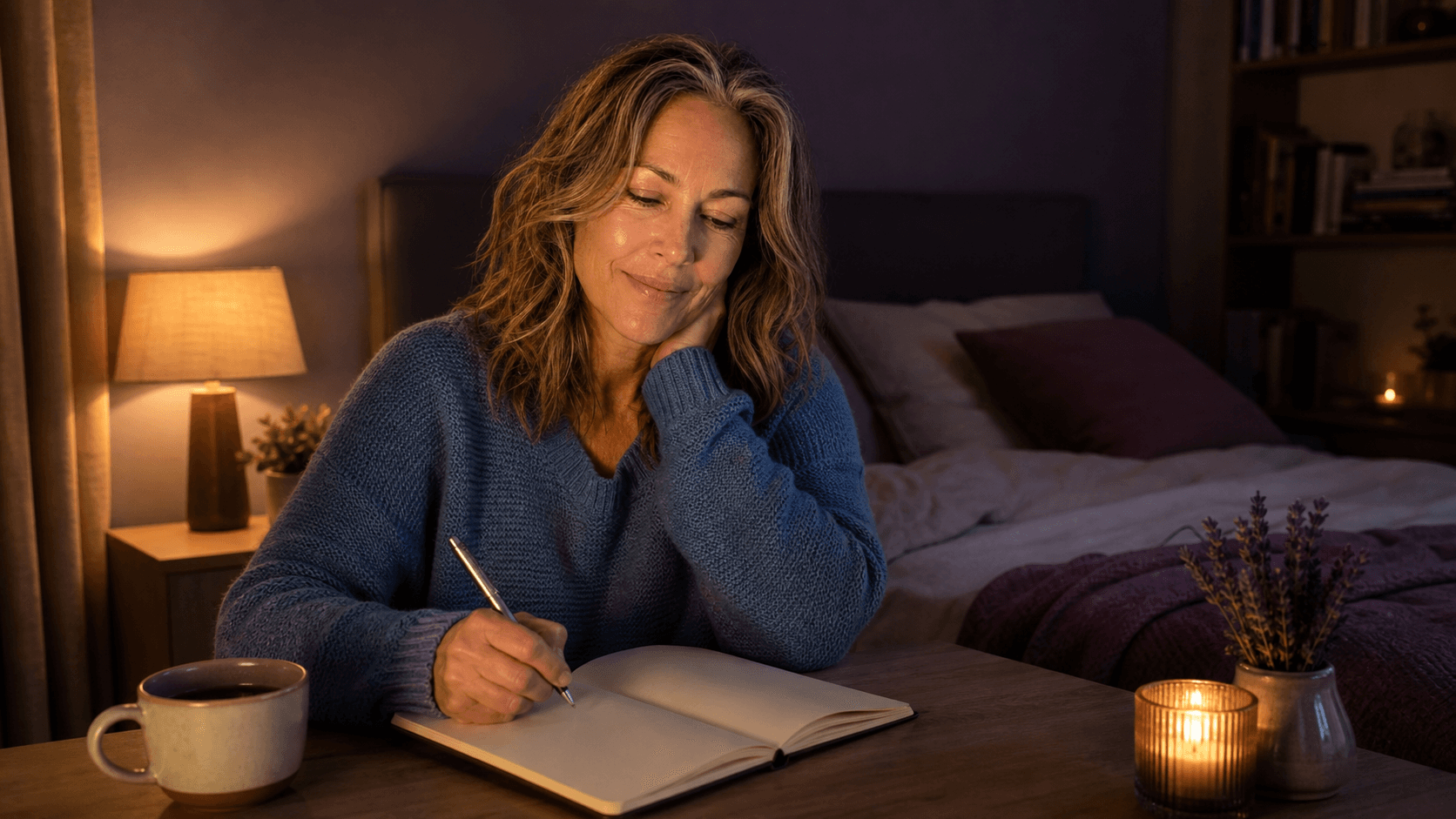 Olivia writing in a notebook in a dim bedroom to calm her mind before sleep
