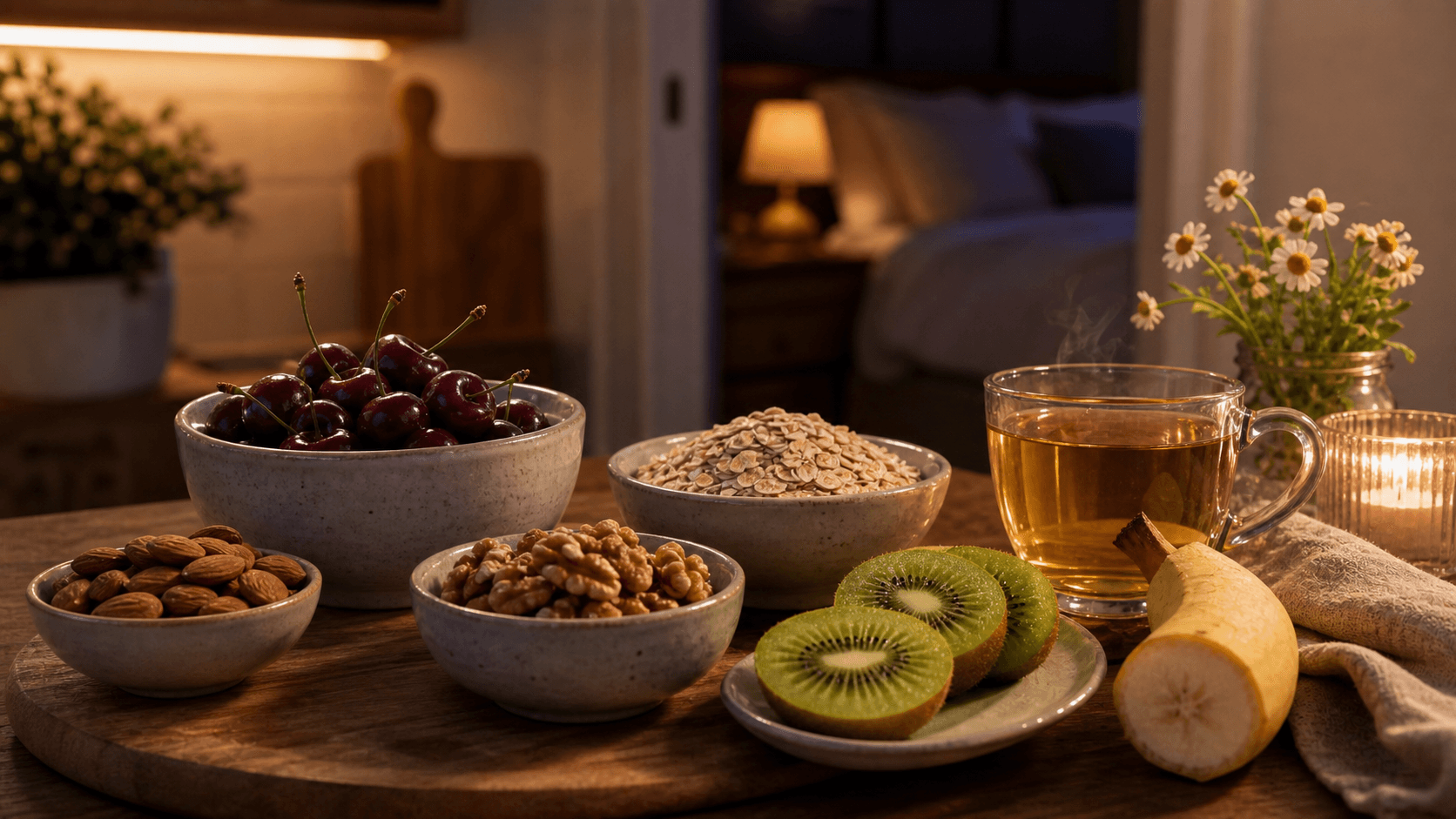 Sleep-supporting evening foods arranged with chamomile tea in a warm kitchen