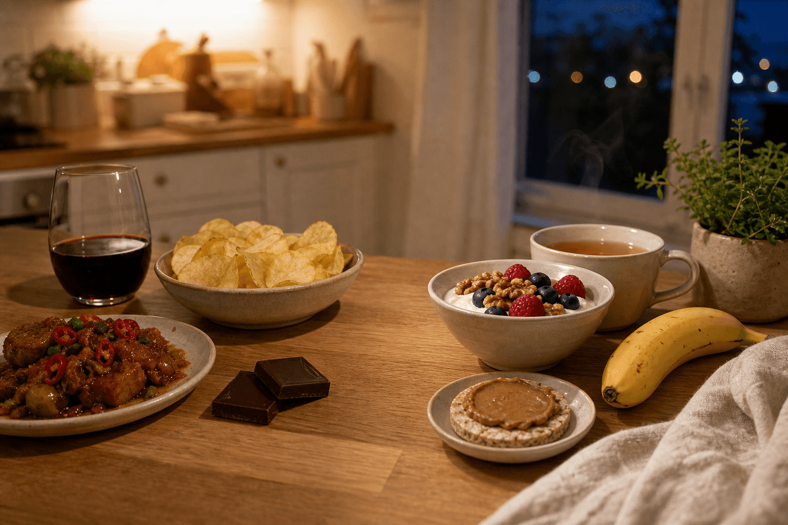 A kitchen counter at night split between a glass of wine and chips on one side and yogurt, banana and herbal tea on the other