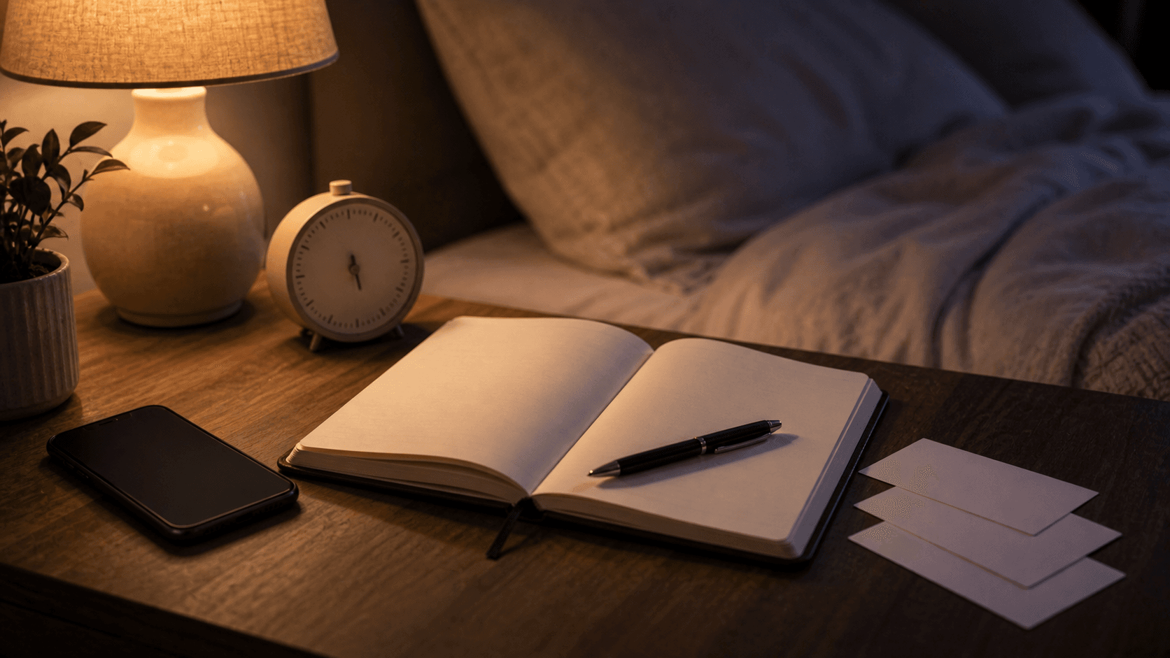 A simple bedside brain dump setup with a blank notebook, pen, phone face down, and index cards