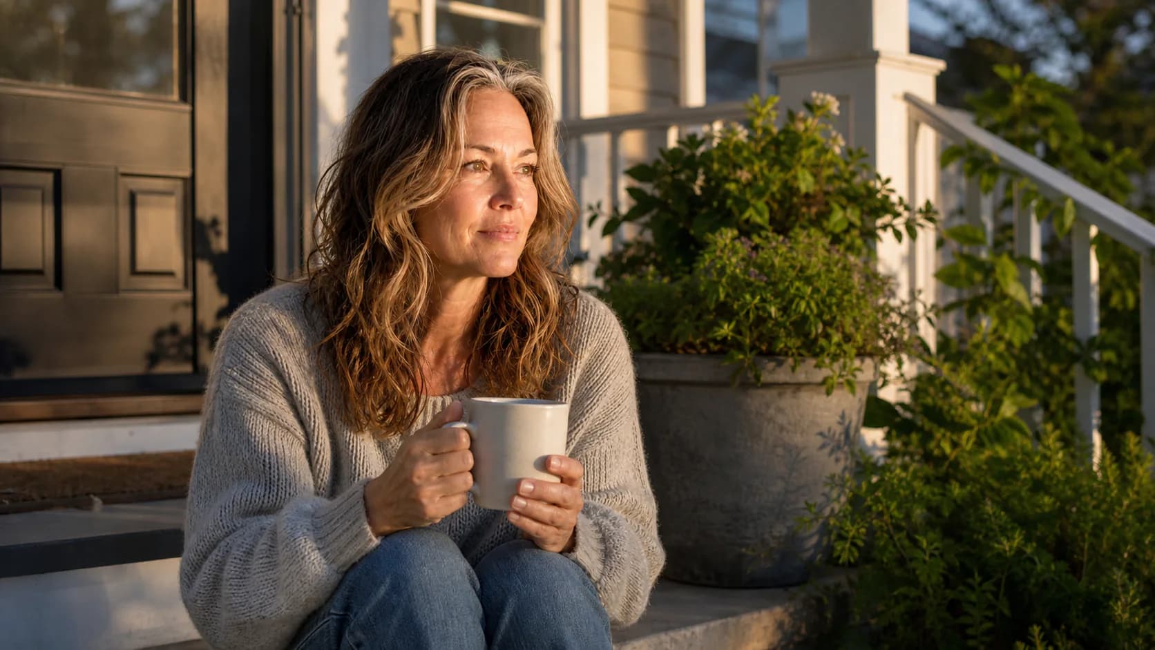 Olivia sitting outside with coffee in the first light of morning