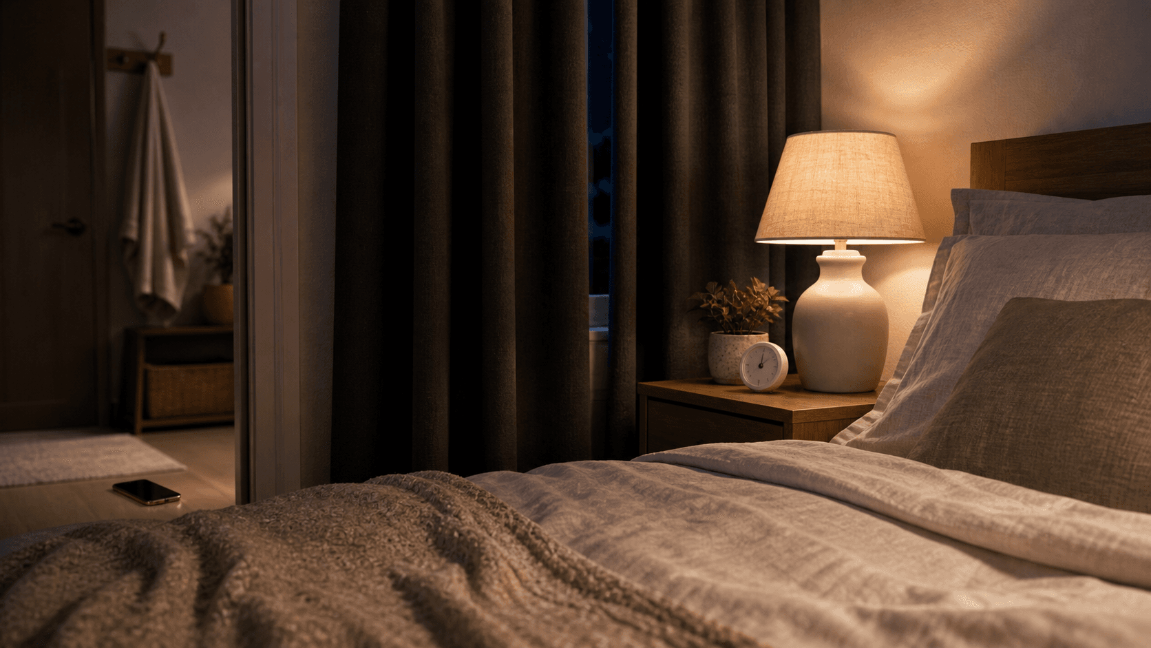 A cool dim bedroom set up for deeper sleep with blackout curtains, one warm lamp and a phone in another room