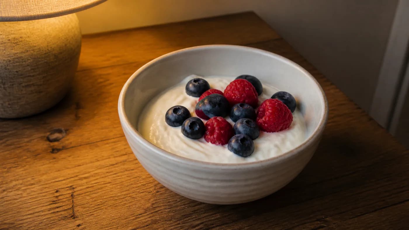 Small bowl of unsweetened Greek yogurt topped with blueberries and raspberries