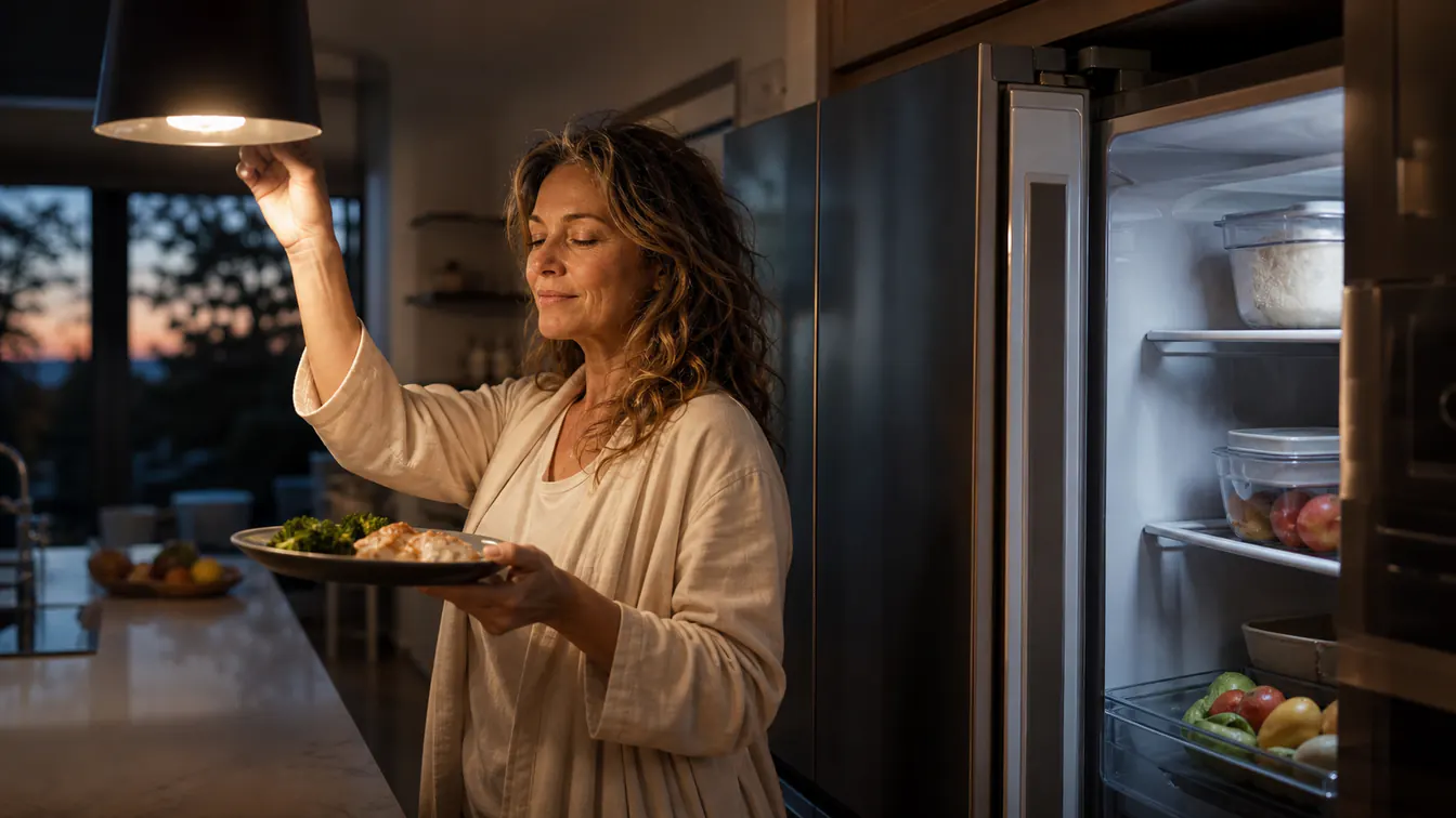 Olivia putting dinner away and turning off the kitchen light in the early evening