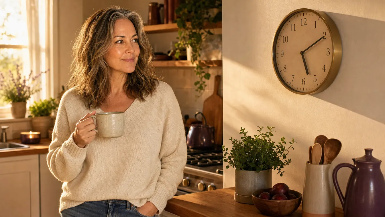 Olivia reconsidering an afternoon coffee after checking the clock