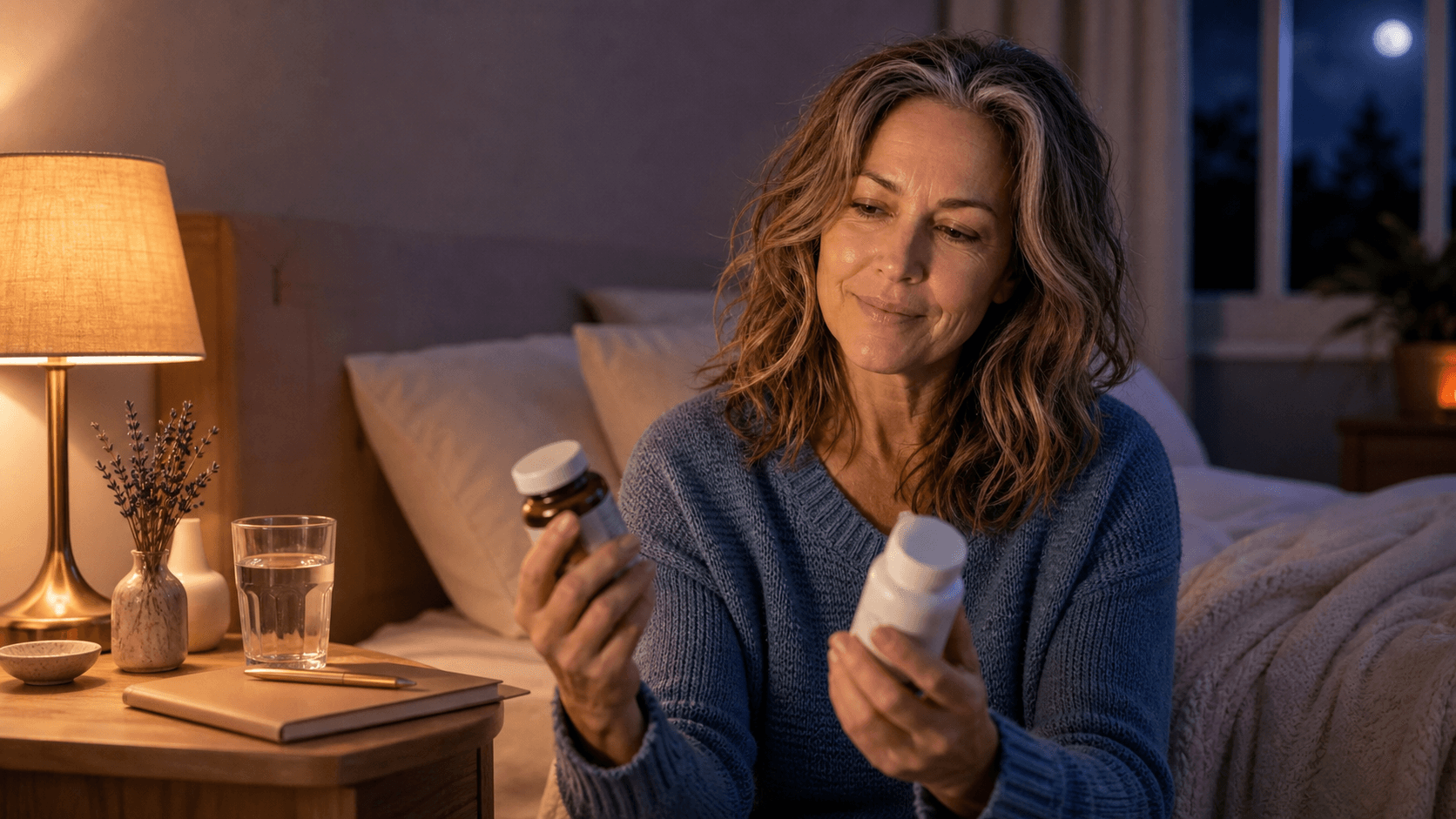 Olivia comparing two supplement bottles on a softly lit bedroom nightstand