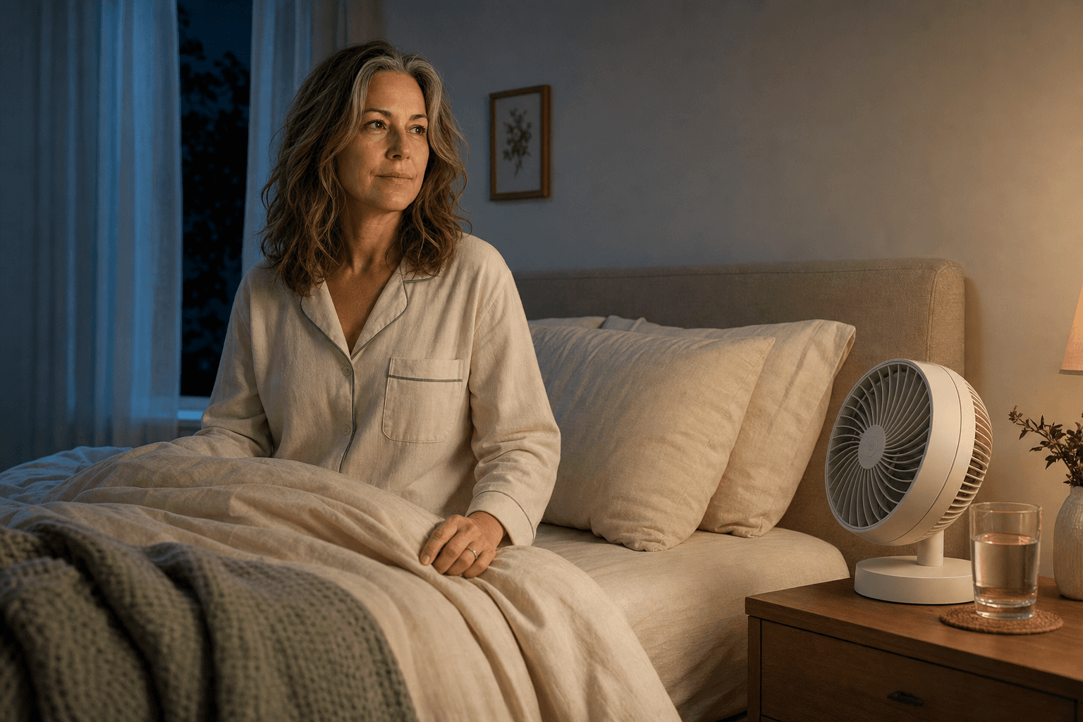Olivia sitting up in bed at night with a fan and a glass of water on the nightstand