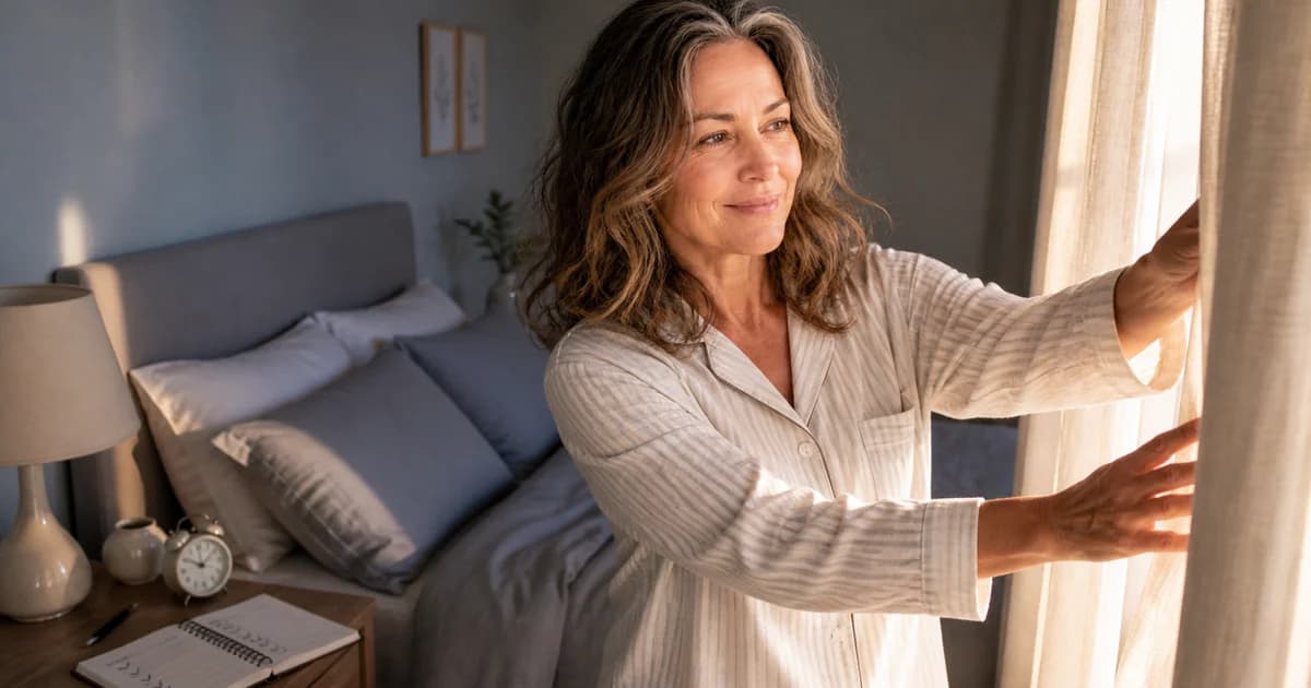Olivia opening bedroom curtains to morning light beside a simple five-day sleep schedule on a bedside notebook