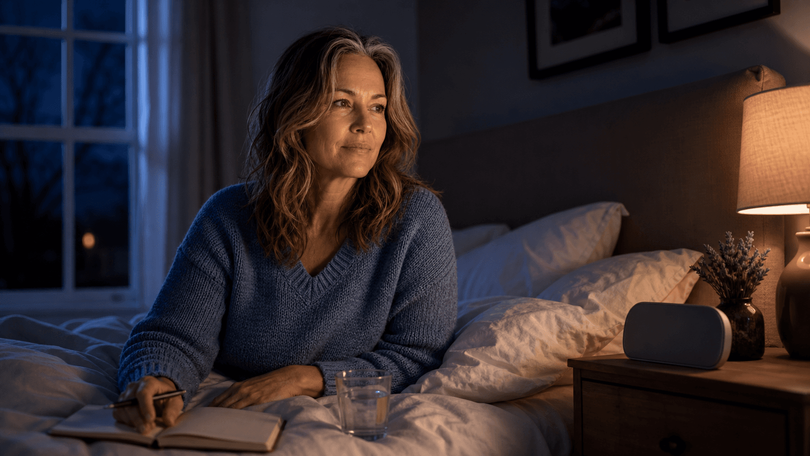 Olivia awake in a dim bedroom at night beside a warm bedside lamp
